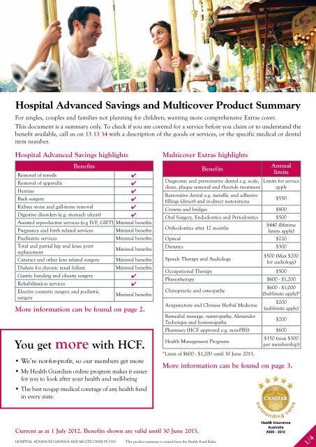 Hospital Advanced Savings and Multicover Product Summary - HCF