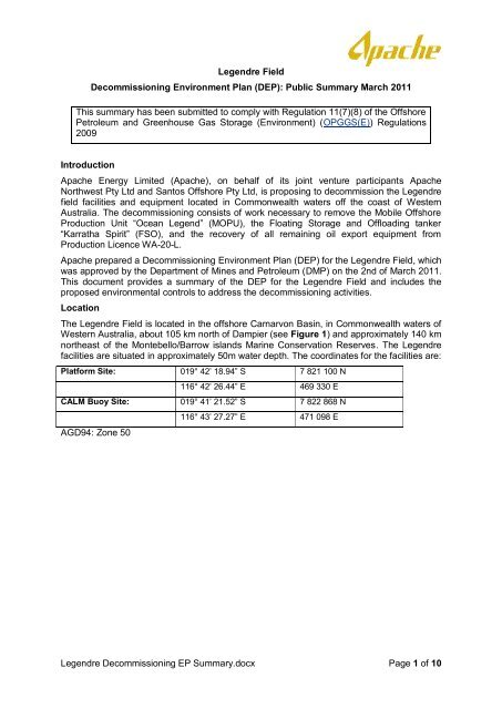 Legendre Field Decommissioning Environment Plan - Department of ...