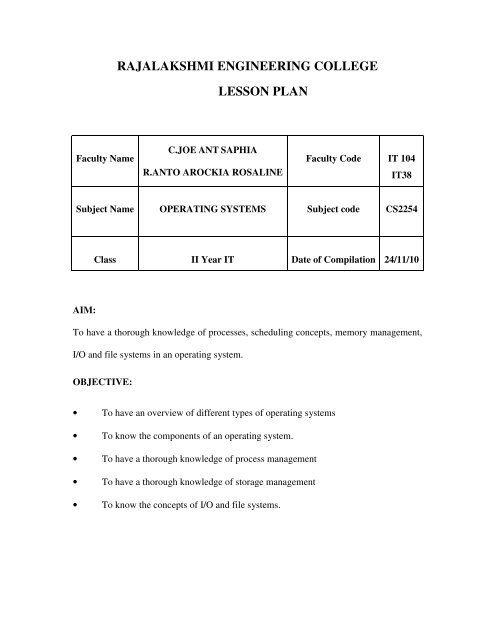 RAJALAKSHMI ENGINEERING COLLEGE LESSON PLAN