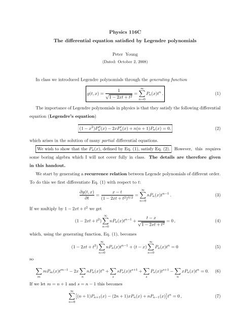 The Differential Equation Satisfied By Legendre Polynomials