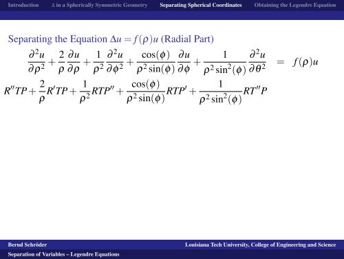 Separation of Variables -- Legendre Equations - Louisiana Tech ...