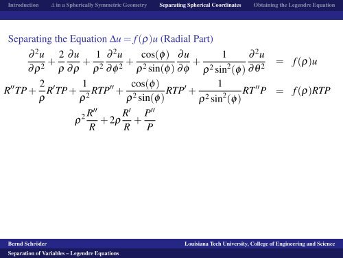 Separation of Variables -- Legendre Equations - Louisiana Tech ...