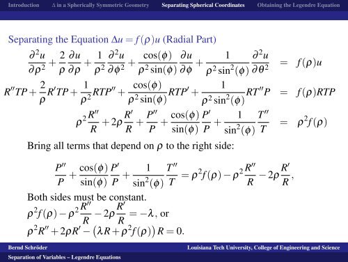 Separation of Variables -- Legendre Equations - Louisiana Tech ...