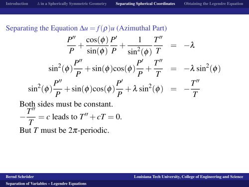 Separation of Variables -- Legendre Equations - Louisiana Tech ...