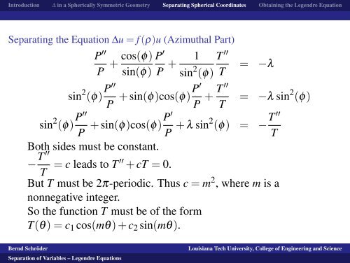 Separation of Variables -- Legendre Equations - Louisiana Tech ...