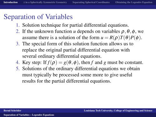 Separation of Variables -- Legendre Equations - Louisiana Tech ...