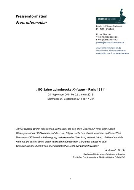 100 Jahre Lehmbrucks Kniende - Paris 1911 - PressDoc