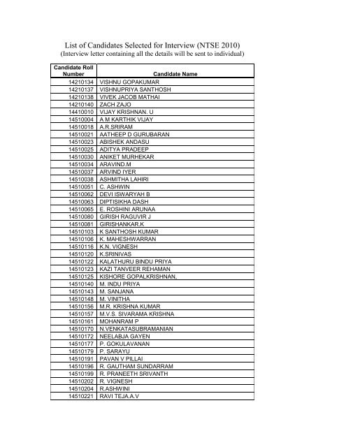 List of Candidates Selected for Interview (NTSE 2010)