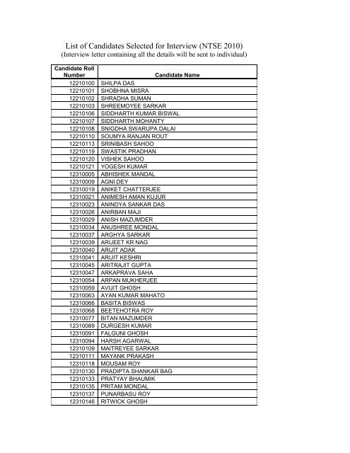 List of Candidates Selected for Interview (NTSE 2010)