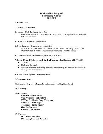 Wildlife Officer Lodge 143 Fall Meeting Minutes 10 - Ohio FOP ...