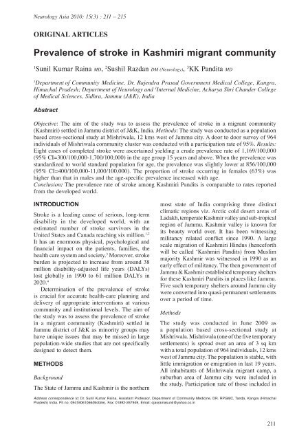 Prevalence of stroke in Kashmiri migrant community - Neurology Asia