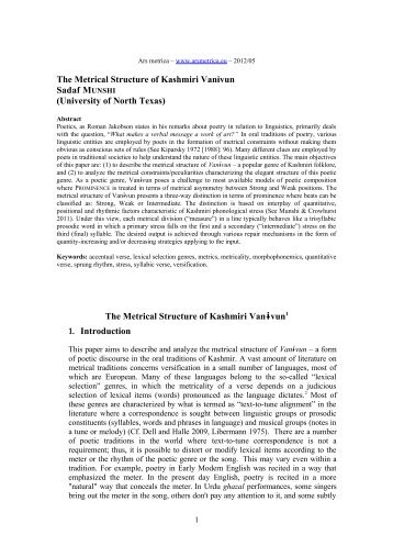 The Metrical Structure of Kashmiri Vanɨvun Sadaf ... - Ars Metrica