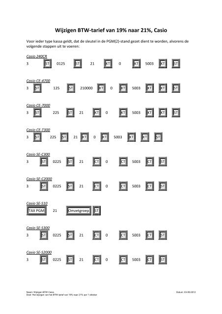 Wijzigen BTW-tarief van 19% naar 21%, Casio - Leza