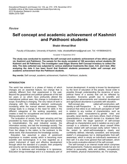 Self concept and academic achievement of Kashmiri and Pakthooni ...