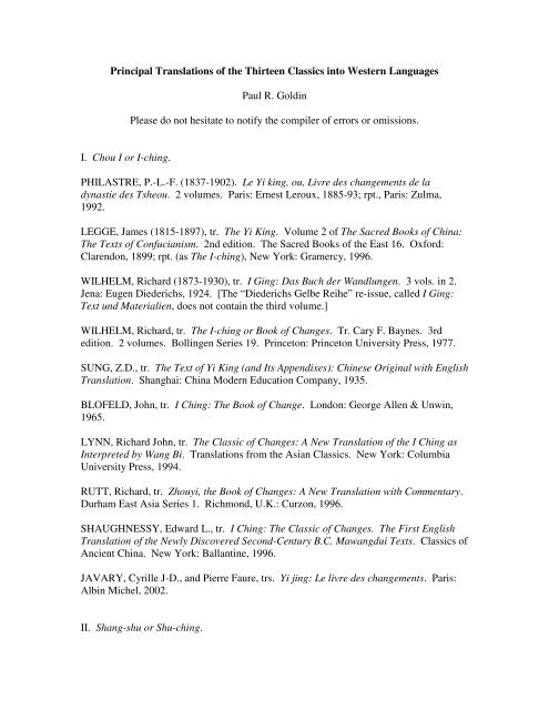 Principal Translations of the Thirteen Classics into Western ...