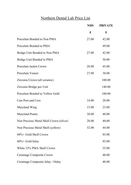 Northern Dental Lab Price List - crown and bridge