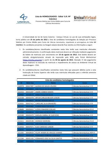 Lista de HOMOLOGADOS - Edital G.R. Nº Lista de ... - Unisul
