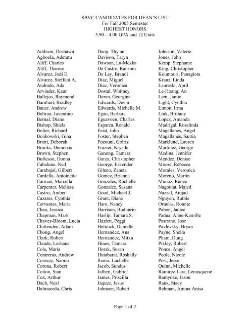SBVC CANDIDATES FOR DEAN'S LIST For Fall 2005 Semester ...