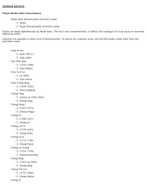 CHINESE ARTISTS PinyinWadeGiles Concordance WadeGiles