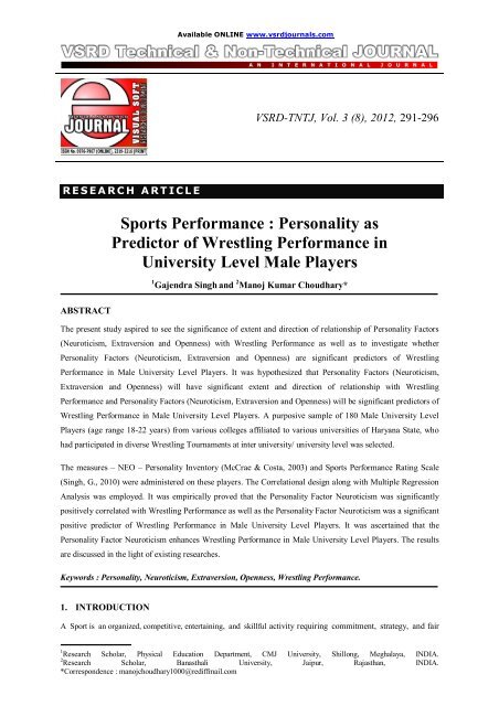 Sports Performance : Personality as Predictor of Wrestling ...