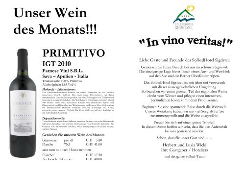 PRIMITIVO IGT 2010 Farnese Vini SRL Sava - Solbadhotel Sigriswil