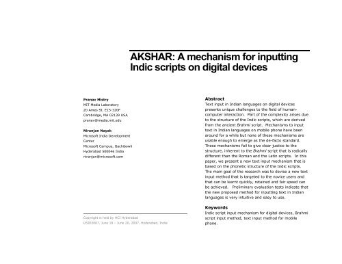 AKSHAR: A mechanism for inputting Indic scripts on ... - Pranav Mistry