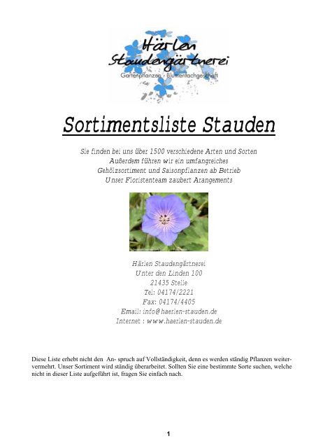 Sortimentsliste Stauden - Härlen