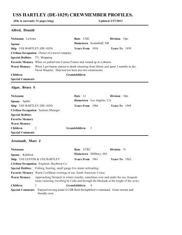 uss hartley (de-1029) crewmember profiles.