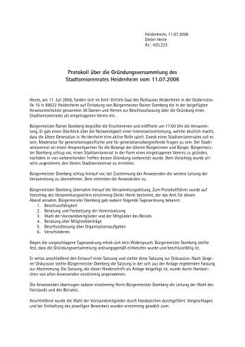 Protokoll über die Gründungsversammlung des ... - Stadt Heidenheim