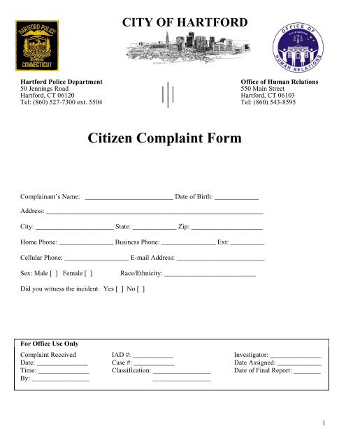 Citizen Complaint Form - Hartford Police Department