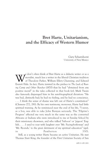 Bret Harte, Unitarianism, and the Efficacy of Western Humor