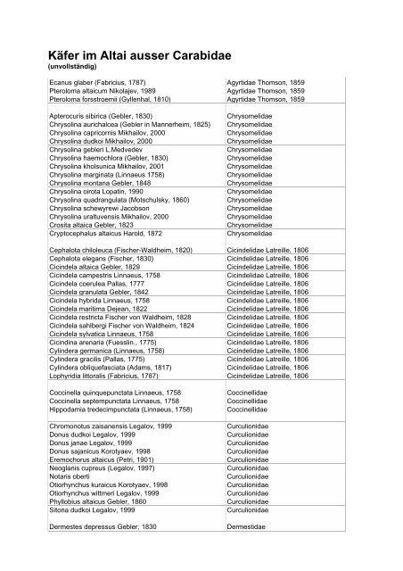 übrige Käfer des Altai (pdf/54kB) - NaturaTours