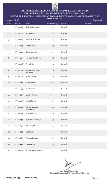 Result of DMRH-III, Nov. 2012 - Srimanta Sankaradeva University of ...