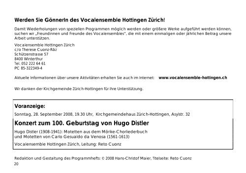 Programmheft - Vocalensemble Hottingen Zürich
