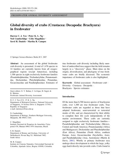 Global diversity of crabs (Crustacea: Decapoda: Brachyura) in ...