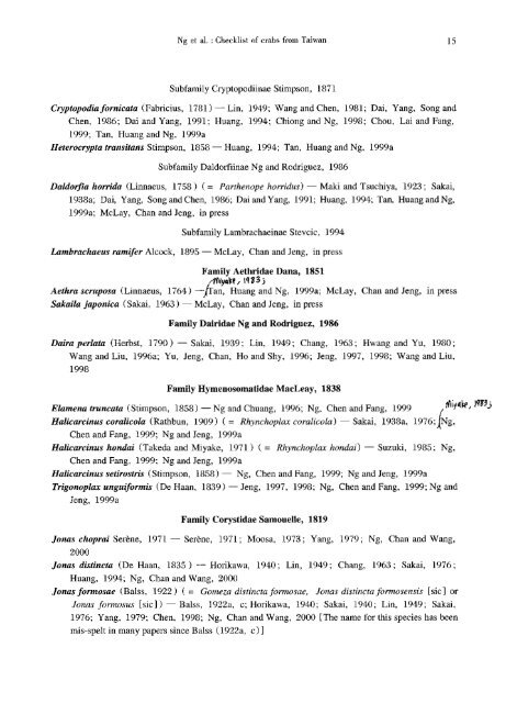 An annotated checklist of brachyuran crabs from Taiwan (Crustacea ...