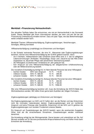 Merkblatt «Finanzierung Heimaufenthalt» - Sonnweid