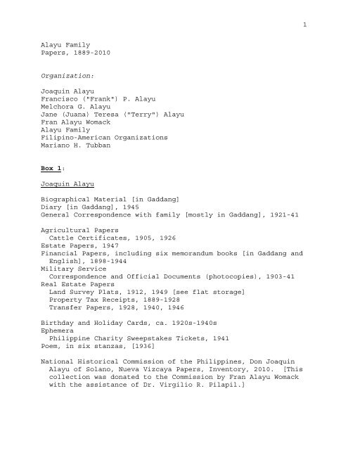 1 Alayu Family Papers, 1889-2010 Organization: Joaquin Alayu ...