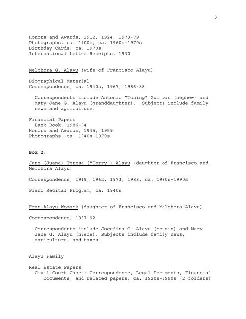 1 Alayu Family Papers, 1889-2010 Organization: Joaquin Alayu ...