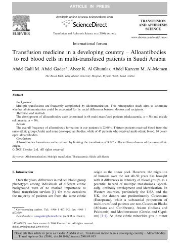 Alloantibodies to red blood cells in multi-transfused patients in Saudi ...