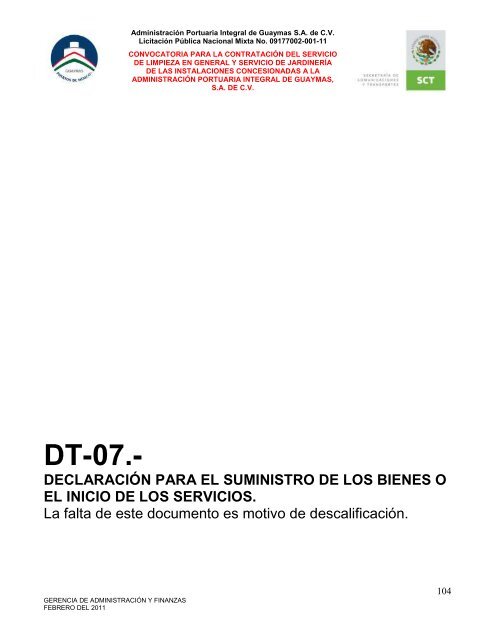 Contratación del servicio de limpieza en general - Puerto de Guaymas