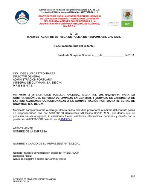 Contratación del servicio de limpieza en general - Puerto de Guaymas