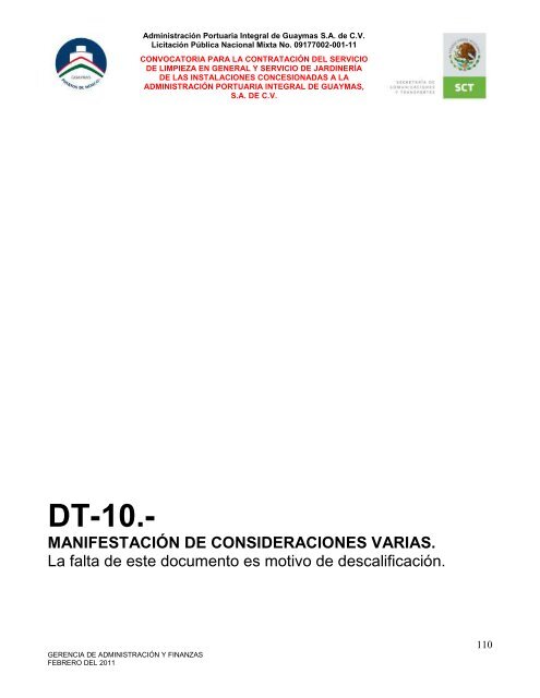 Contratación del servicio de limpieza en general - Puerto de Guaymas