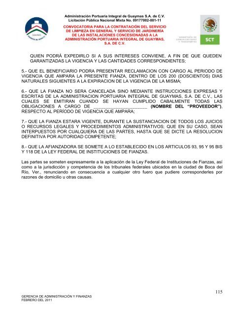 Contratación del servicio de limpieza en general - Puerto de Guaymas