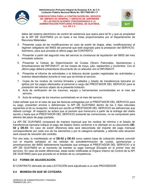 Contratación del servicio de limpieza en general - Puerto de Guaymas