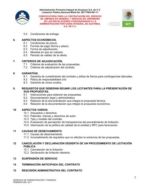 Contratación del servicio de limpieza en general - Puerto de Guaymas