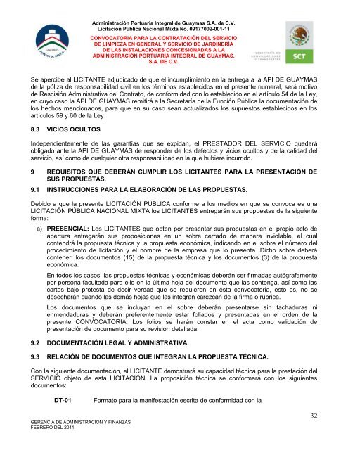 Contratación del servicio de limpieza en general - Puerto de Guaymas