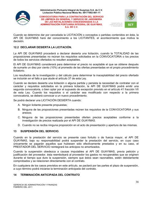 Contratación del servicio de limpieza en general - Puerto de Guaymas