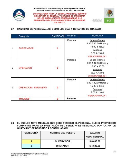 Contratación del servicio de limpieza en general - Puerto de Guaymas