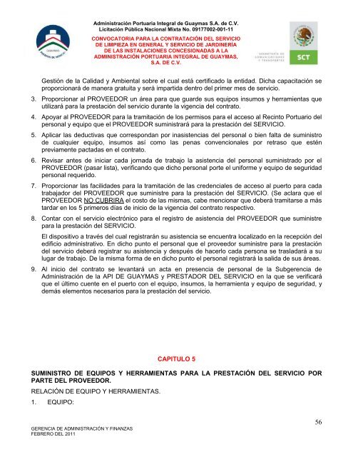 Contratación del servicio de limpieza en general - Puerto de Guaymas